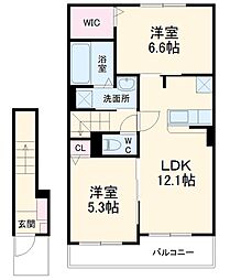 ヴァレオ 2階2LDKの間取り