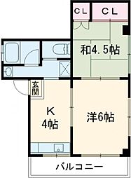 高砂マンション 2階2Kの間取り