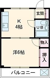 富田ハイツ 2階1DKの間取り