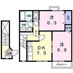 ヴィラ　桜Ｂ 2階2DKの間取り