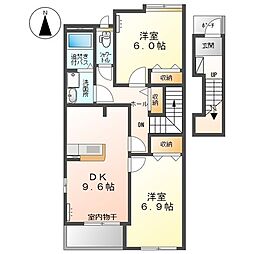 クレアＡ 2階2DKの間取り