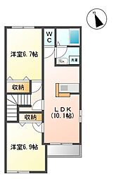 JR内房線 君津駅 徒歩18分の賃貸アパート 2階2LDKの間取り