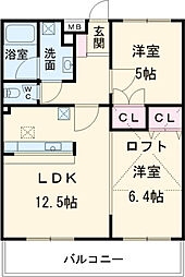 ディアコート国分寺 2階2LDKの間取り