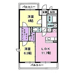 ソレアード山香 3階2LDKの間取り