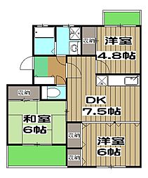 カーサＮＡＫＡＭＵＲＡ 2階3DKの間取り