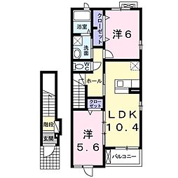 名鉄常滑線 朝倉駅 徒歩10分の賃貸アパート 2階2LDKの間取り