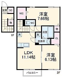 JR飯田線 豊川駅 徒歩15分の賃貸アパート 2階2LDKの間取り