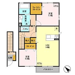 Ｄ−ｒｏｏｍ　ｗｉｔ　Ａ 2階2LDKの間取り