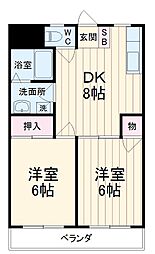 小田急小田原線 登戸駅 徒歩15分の賃貸マンション 2階2DKの間取り