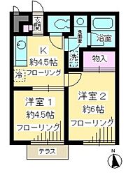 京王線 聖蹟桜ヶ丘駅 徒歩19分の賃貸アパート 1階2Kの間取り
