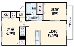 グランドール今里 2階2LDKの間取り