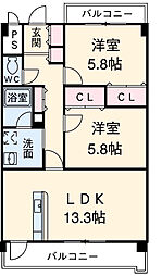 名鉄名古屋本線 東岡崎駅 徒歩24分の賃貸マンション 2階2LDKの間取り