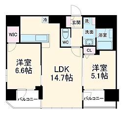 Osaka Metro谷町線 東梅田駅 徒歩4分の賃貸マンション 8階2LDKの間取り