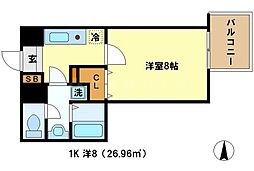京都市営烏丸線 烏丸御池駅 徒歩4分の賃貸マンション 8階1Kの間取り