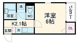 グリーンテラス所沢 2階1Kの間取り