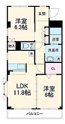 グランドヒルズ神の倉II 2階2LDKの間取り