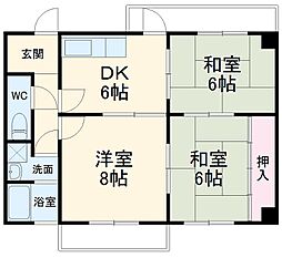 名古屋市営鶴舞線 原駅 徒歩15分の賃貸マンション 3階3DKの間取り