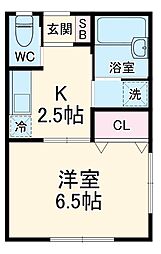 三山ハイツ 2階1Kの間取り